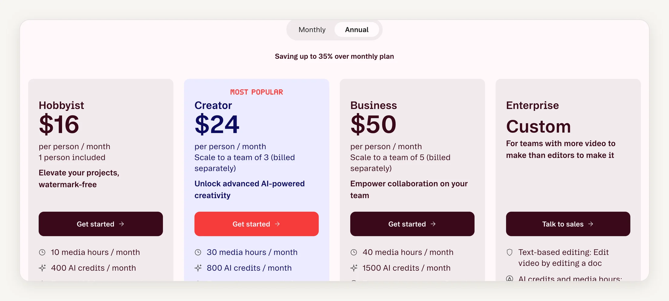 Descript pricing page with annual billing: Hobbyist $16, Creator $24, and Business $50 per person a month, Enterprise custom