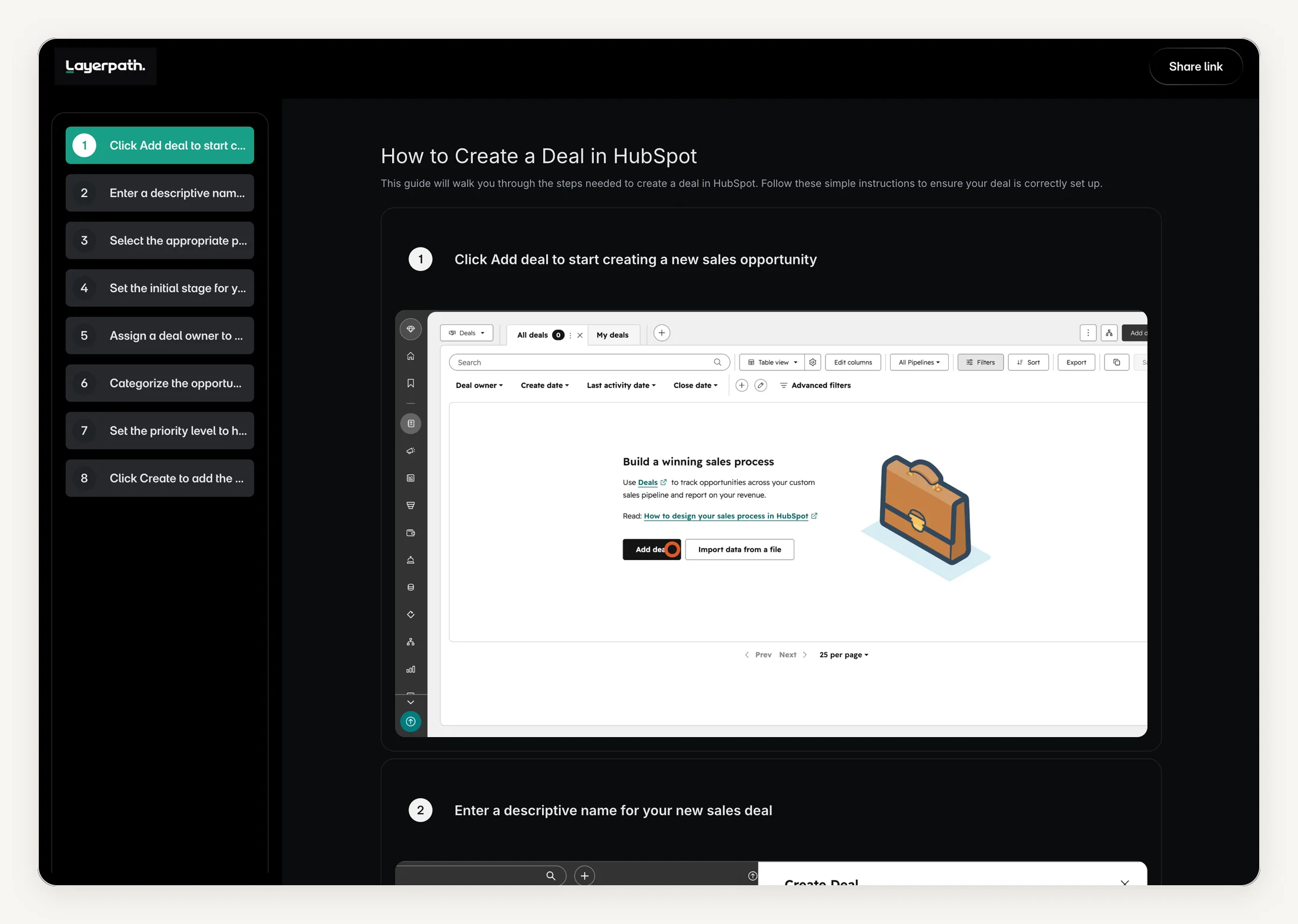 The same HubSpot project shown as a Layerpath step-by-step guide: a numbered list of eight steps on the left and the first step's screenshot on the right