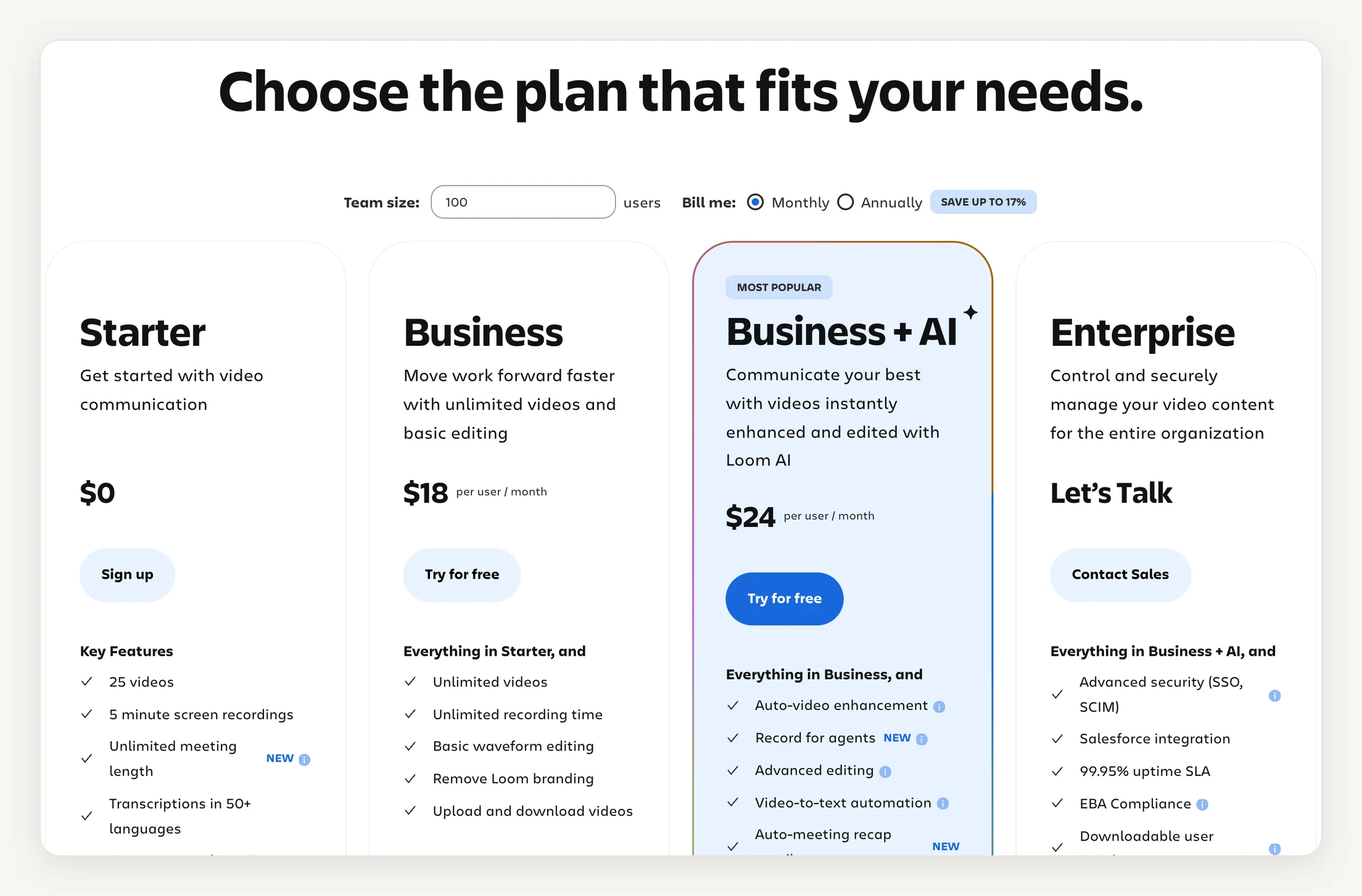 Loom pricing page with monthly billing: Starter $0, Business $18 per user a month, Business + AI $24 per user a month, Enterprise by contacting sales