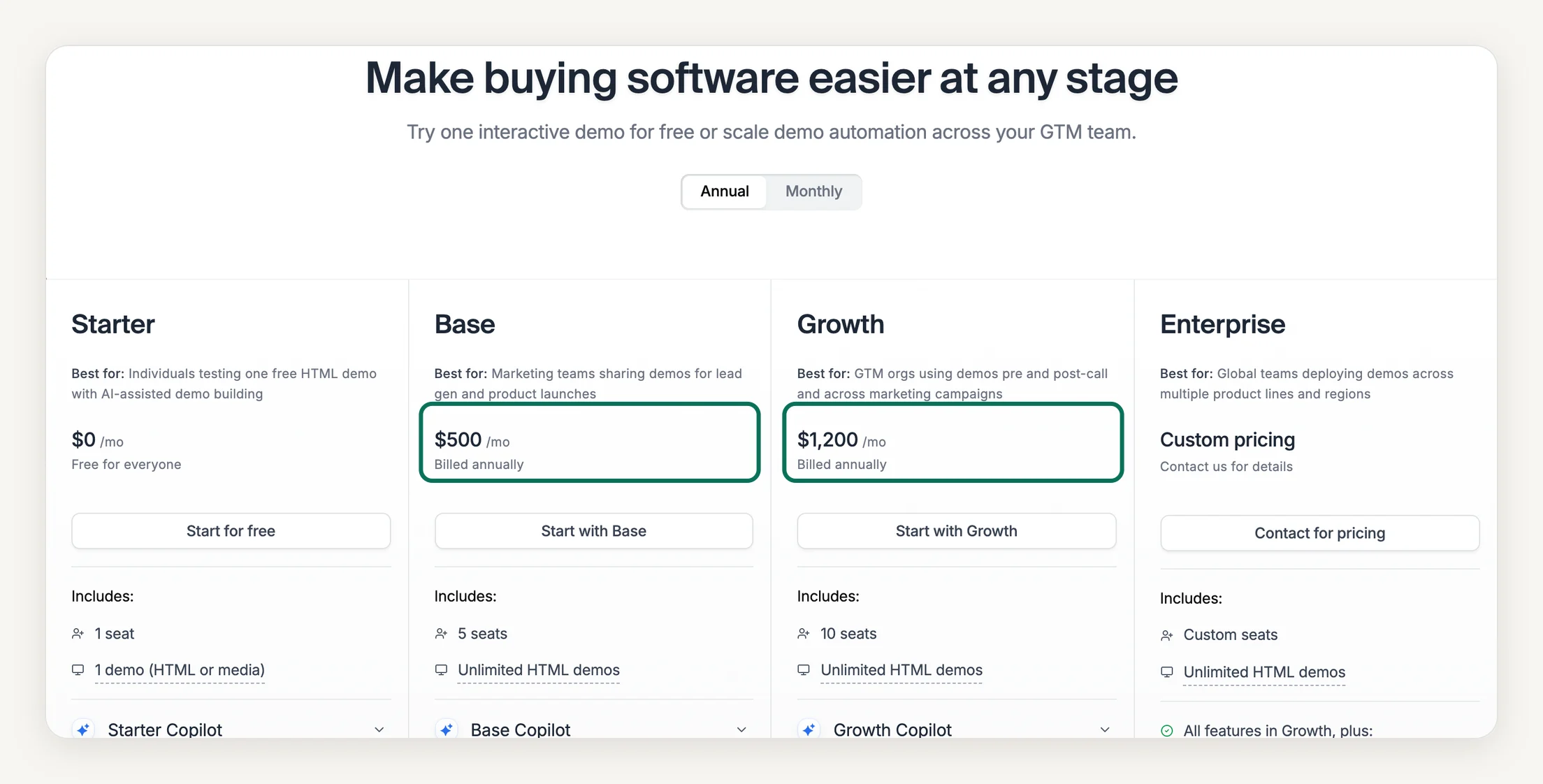 Navattic pricing page with annual billing: Starter $0, Base $500 a month billed annually, Growth $1,200 a month billed annually, Enterprise custom pricing