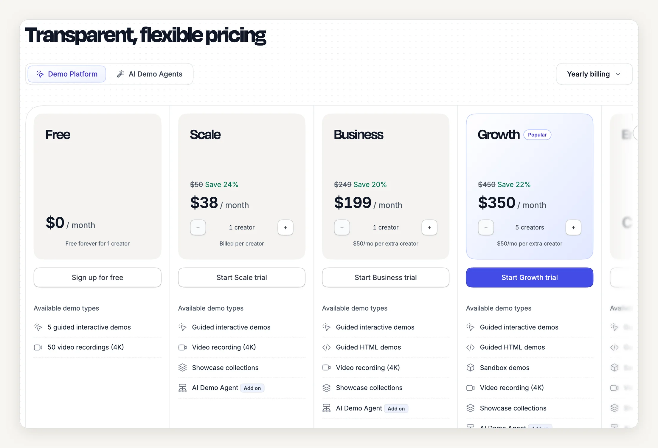 Supademo pricing page with yearly billing: Free $0, Scale $38 a month (was $50), Business $199 a month (was $249), Growth $350 a month (was $450) with 5 creators