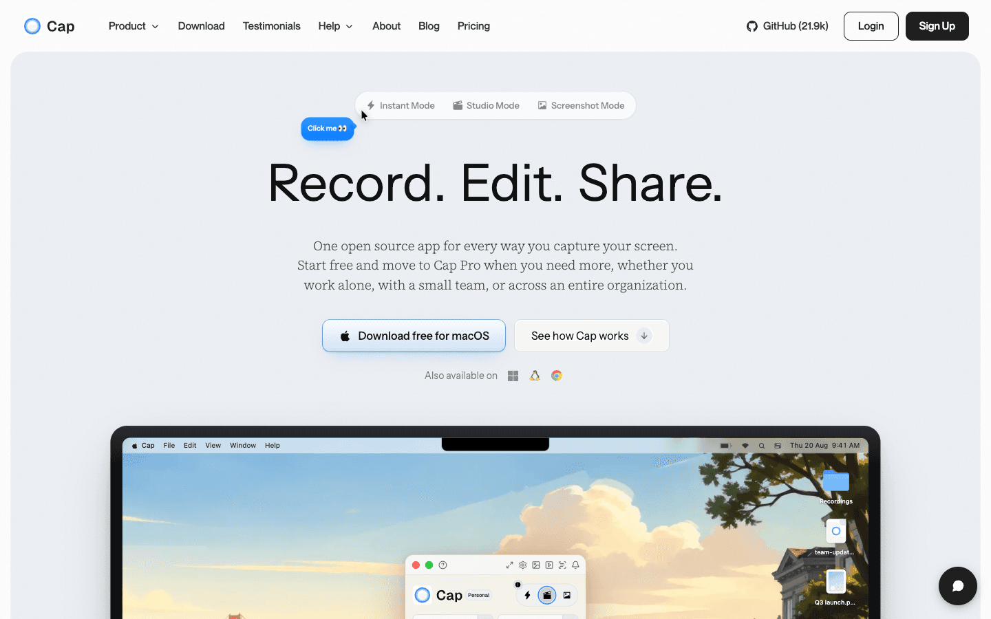 The Cap app with its recorder window and the Instant / Studio / Screenshot mode selector