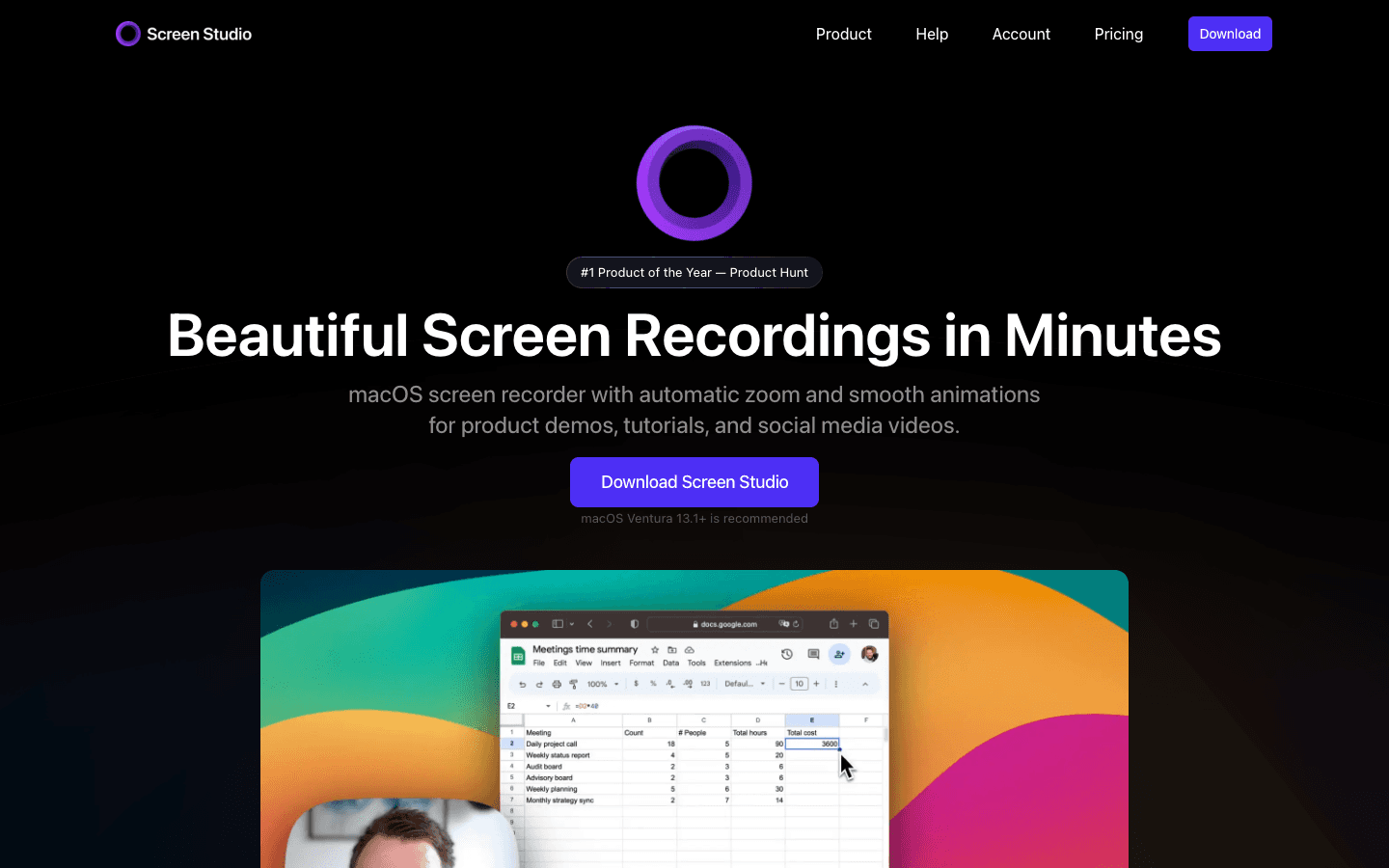 Screen Studio's macOS recorder showing an automatic-zoom recording of a spreadsheet with a webcam bubble