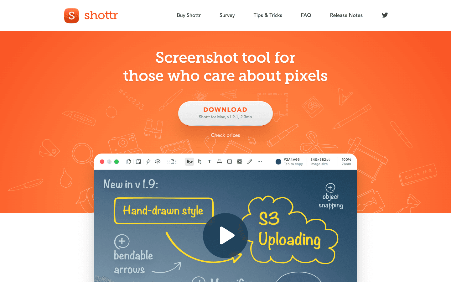 The Shottr annotation window with its toolbar of annotation, measurement, and export tools over a demo screenshot