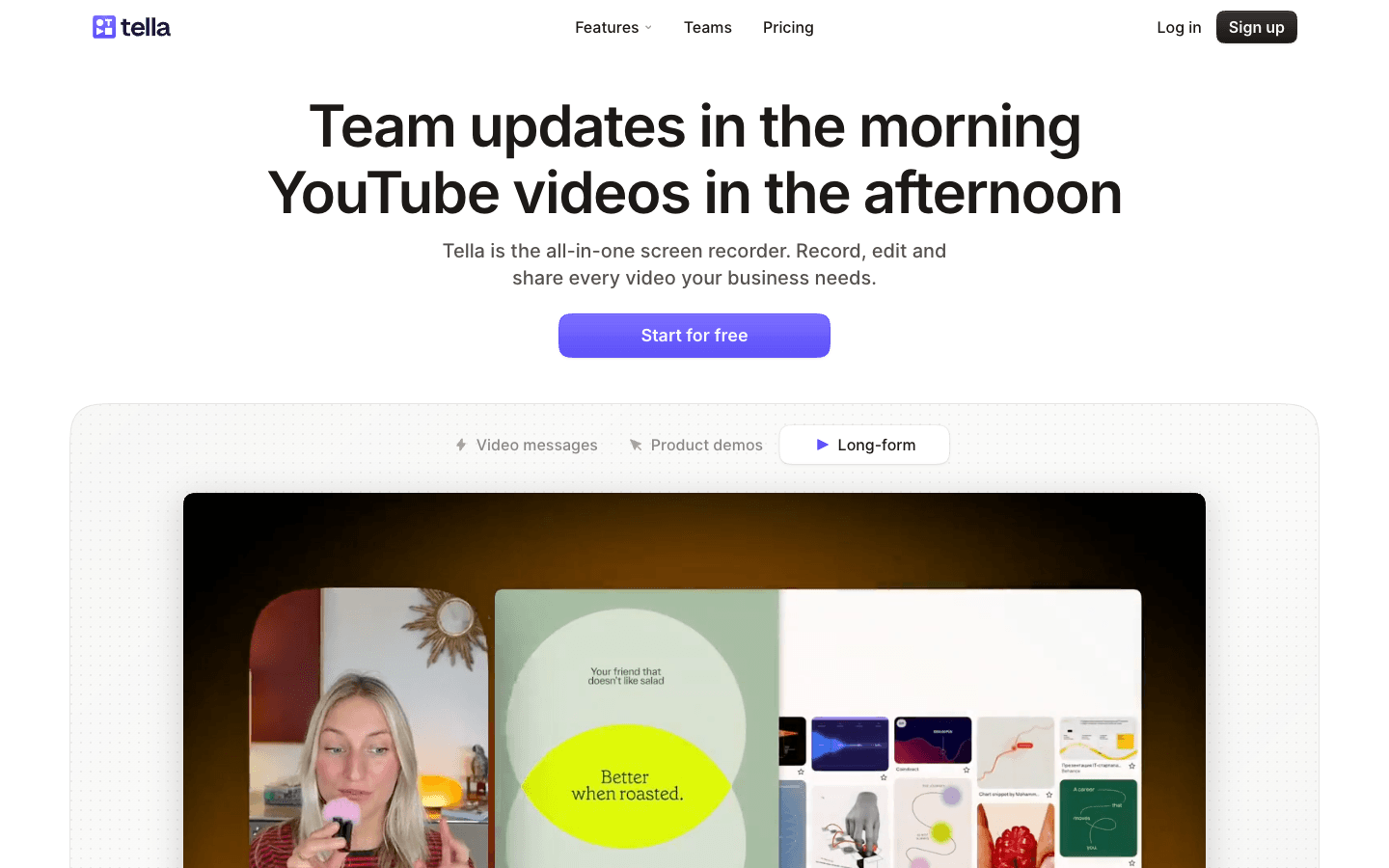 The Tella editor previewing a recording with webcam and slide content, and the video-message / product-demo / long-form mode selector