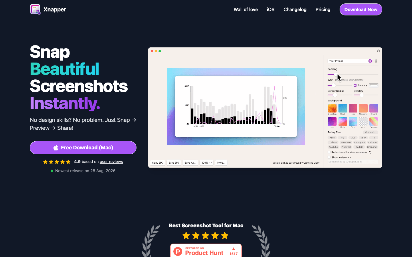 The Xnapper beautify editor: a chart screenshot on a gradient background with padding, background, social-ratio, and redaction controls