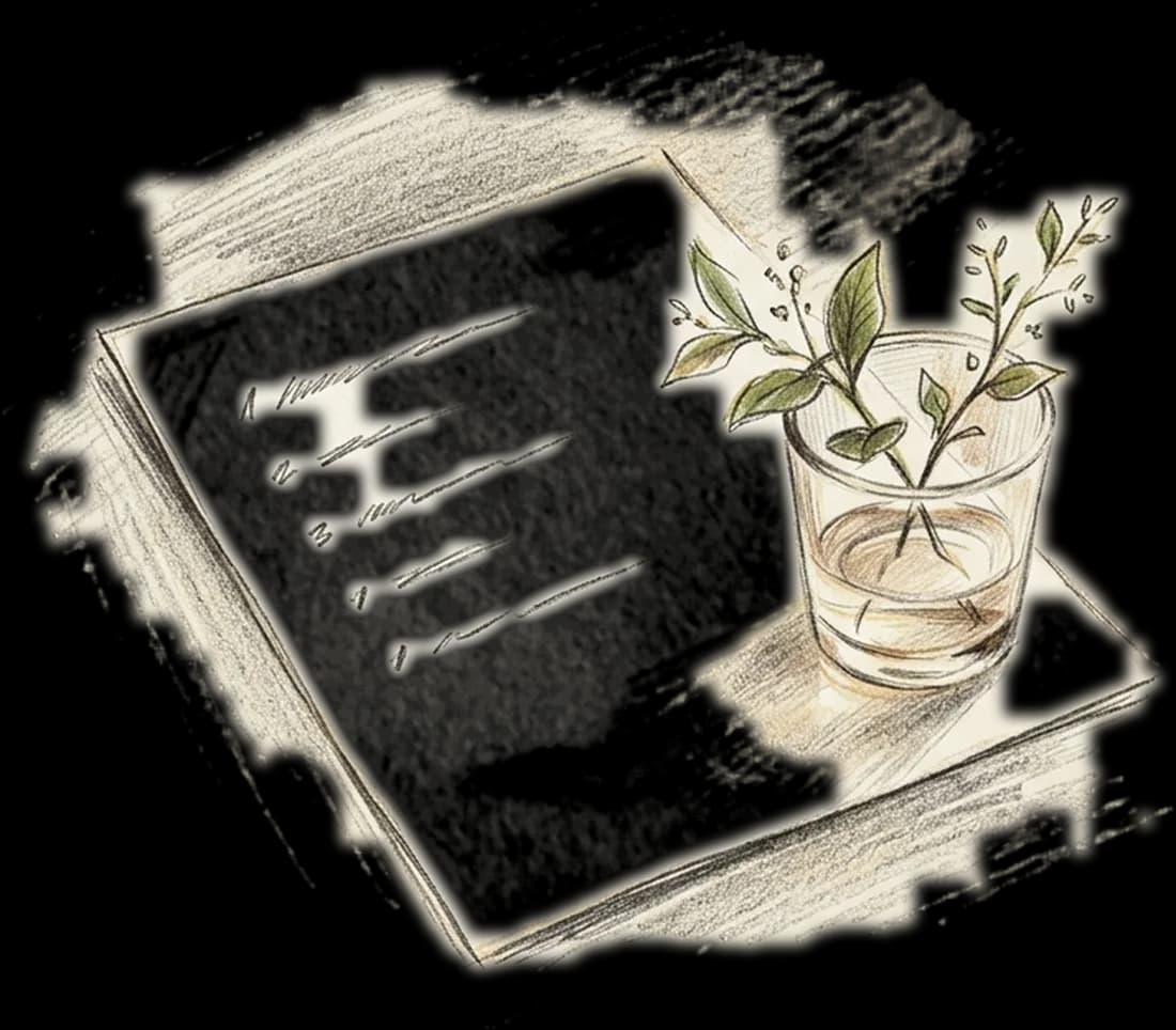 A sheet of paper with five pencil lines and a sprig in a glass