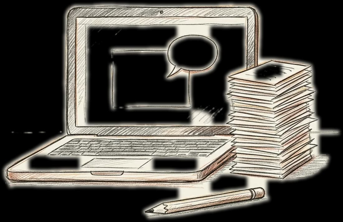 A laptop with one callout on screen and a tall stack of cards beside it