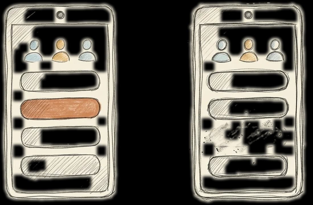 Two versions of the same screen, one button moved, an eraser mark where it was