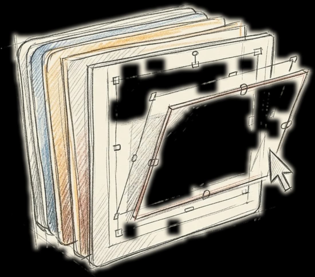 A layered editor canvas drawn as fanned translucent panes