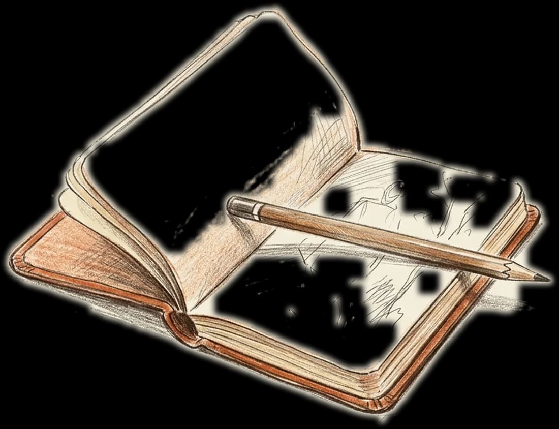 A pocket sketchbook, open, with a pencil resting across it